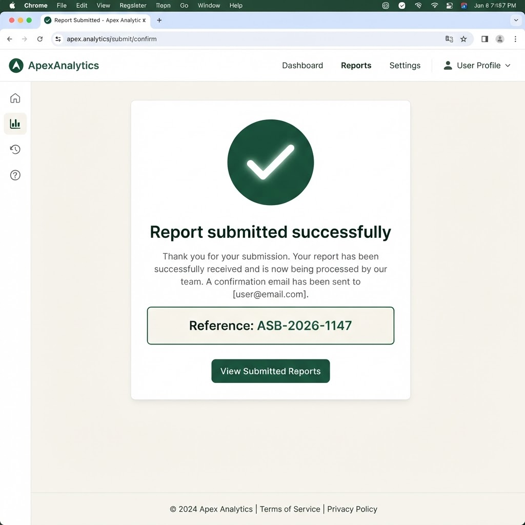 A confirmation screen showing a report was submitted with a reference number
