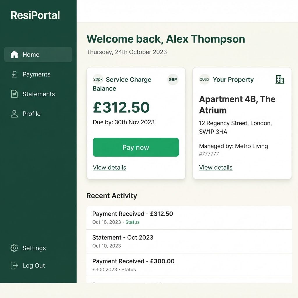 The resident portal dashboard with the current service charge balance