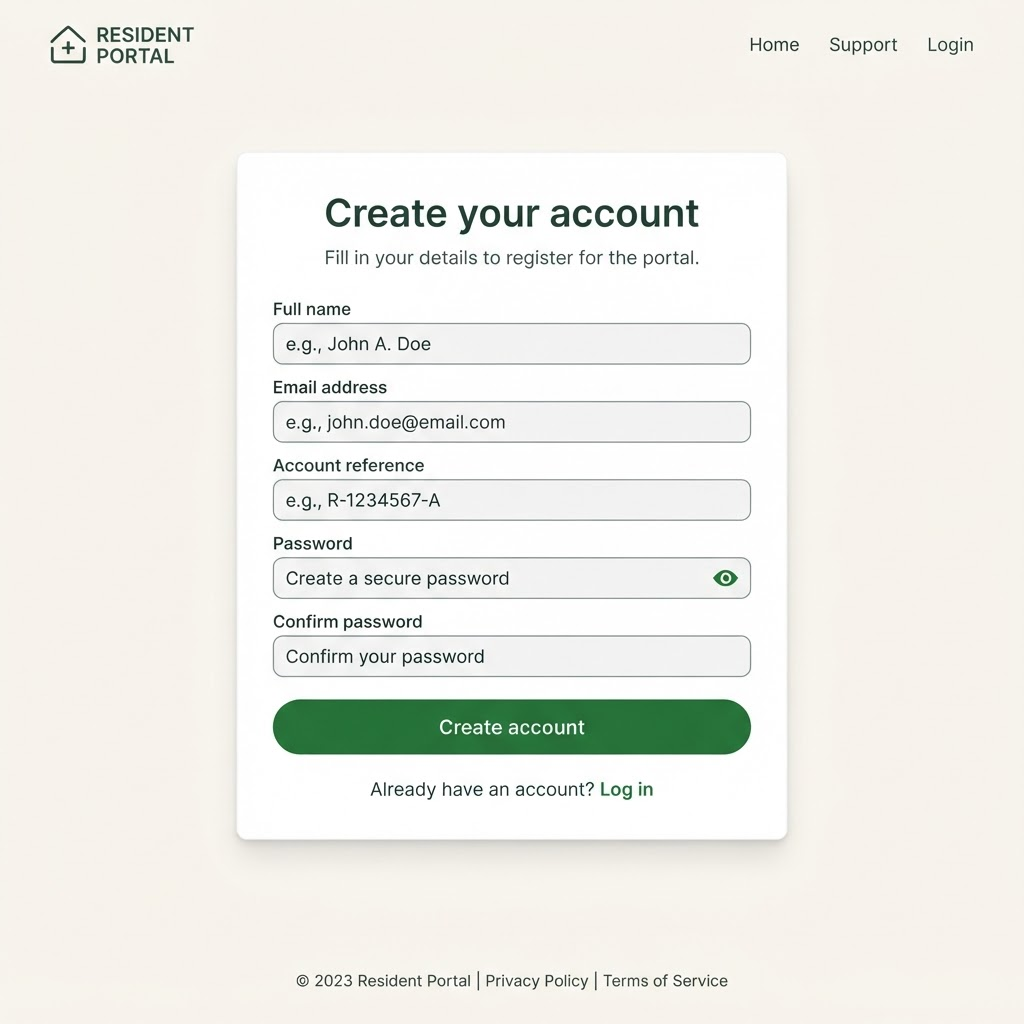 The resident portal registration form with fields for name, email, account reference, and password