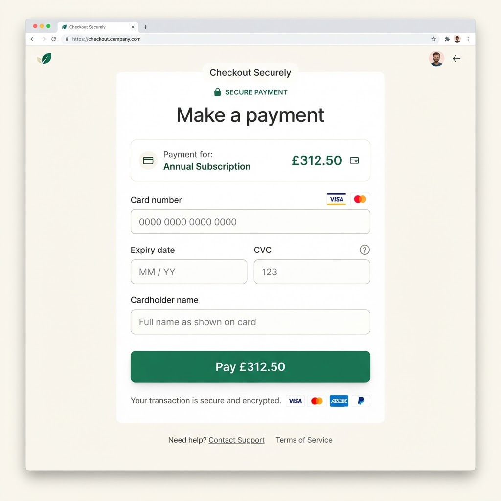 The secure payment page showing the amount and card details fields