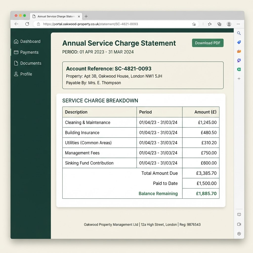 A service charge statement with the account reference highlighted in the top-right corner